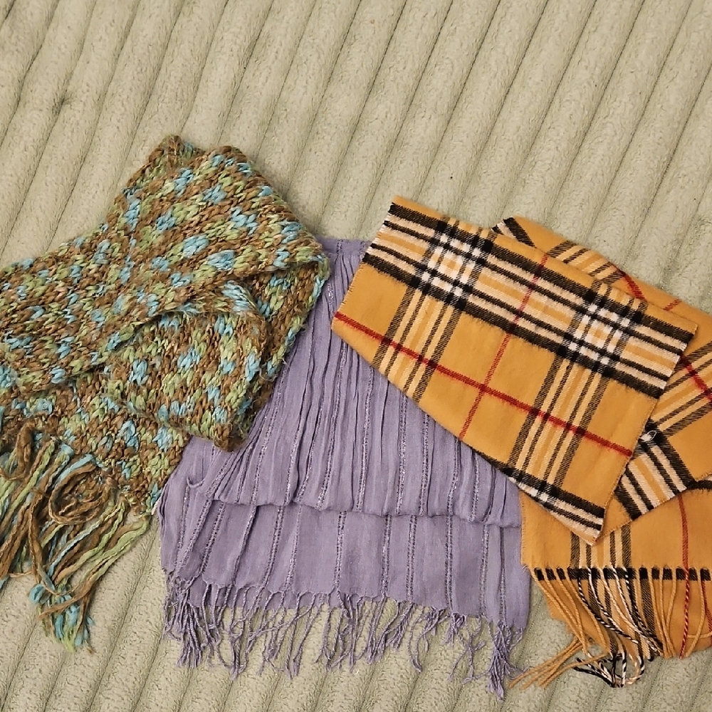 3 Scarf Bundle. Knit Multi Color. Gray With Metalic, Tan Burberry Plaid